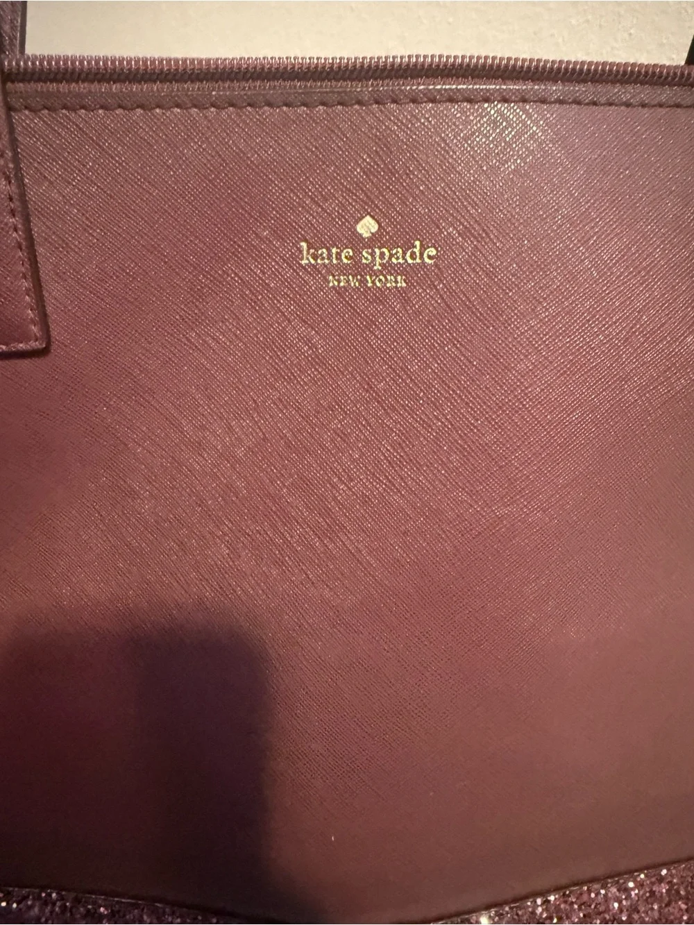 kate spade burgundy tote with pink glitter base